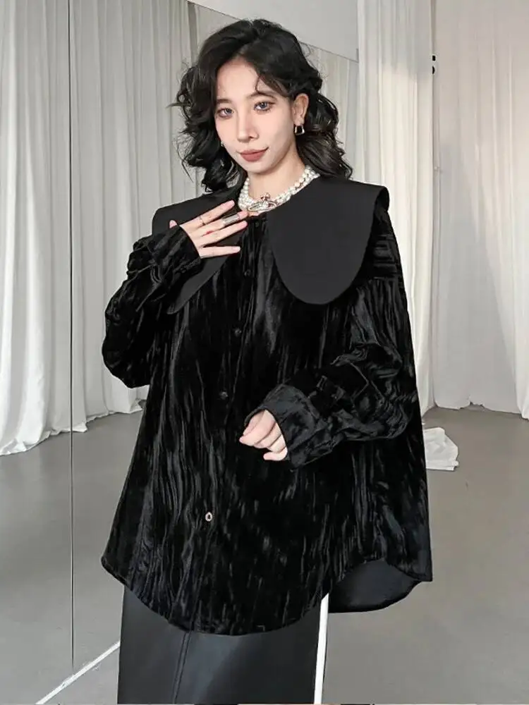 

Women Black Big Size Velvet Blouse New Peter Pan Collar Long Sleeve Loose Shirt Fashion Tide Spring Autumn