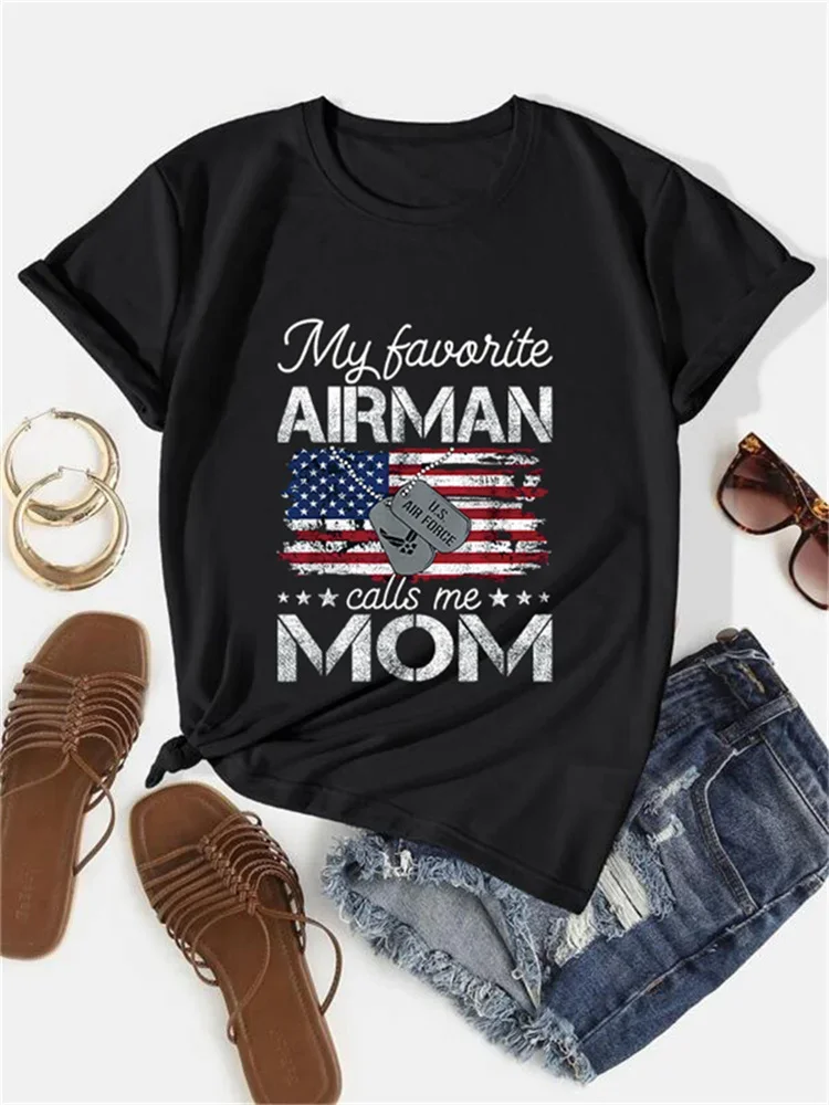 2024 Four Season T Shirt My Favorite Airman Calls Me Mom Proud Air Force Mom US Air Force Graduation Women's Round Neck Top