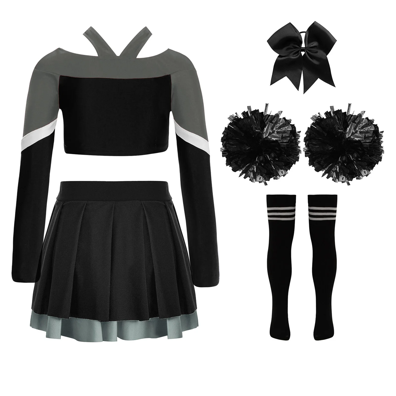 Girls Cheerleader Costume Halloween Cheerleading Dance Outfit Long Sleeve Crop Top with Pleated Skirt Pom Poms Hair Clip Socks