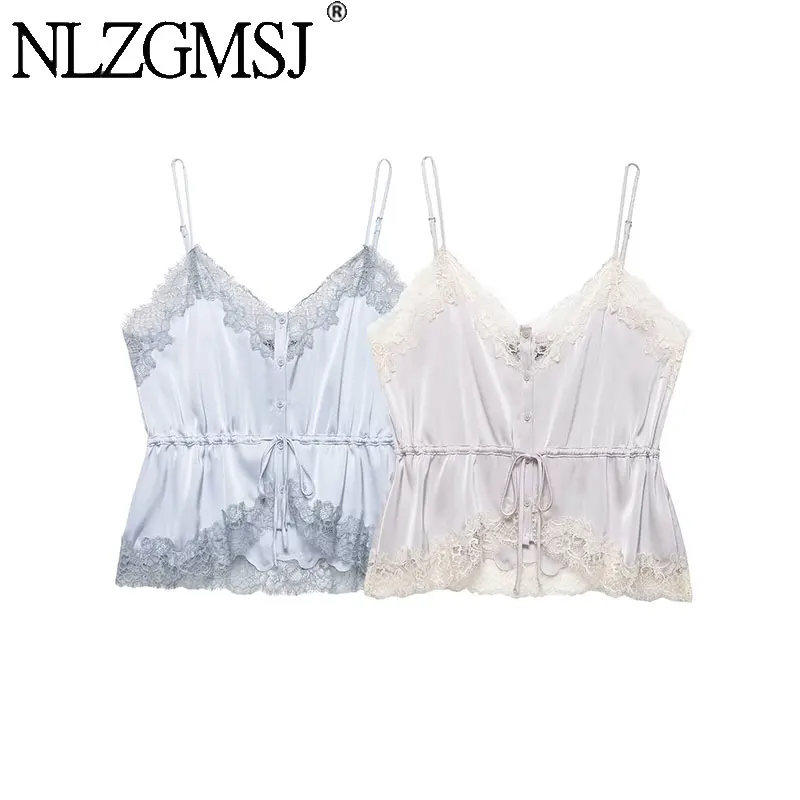 NLZGMSJ 2026 Sommer Dünnes Satin Damen Spitzen-Patchwork Camis Ärmellos Rückenfrei V-Ausschnitt Slim Crop Top Kurz Y2K
