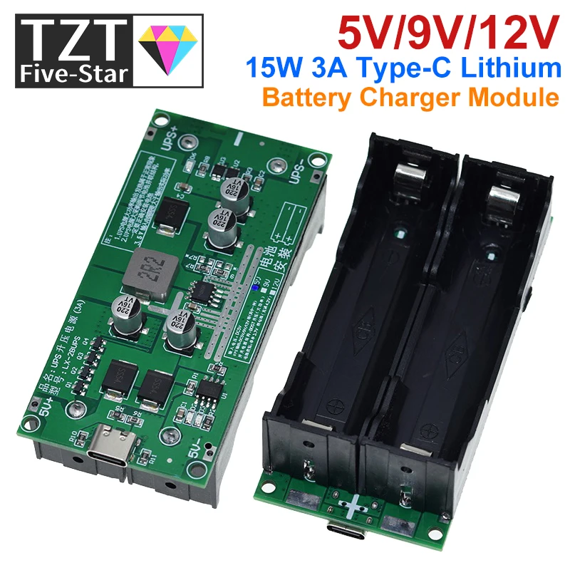 Type-C 15W 3A 18650 Lithium Battery Charger Module DC-DC Step Up Booster Fast Charge UPS Power Supply / Converter 5V 9V 12V