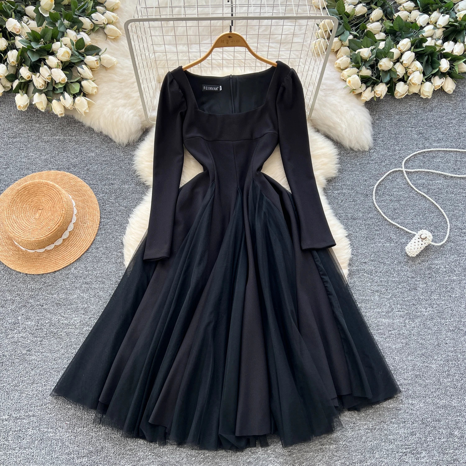 Elegant Long Puff Sleeves Square Collar Chic Spliced Mesh Slim Ball Gown Dress French Evening High Street Autumn Winter Clothing