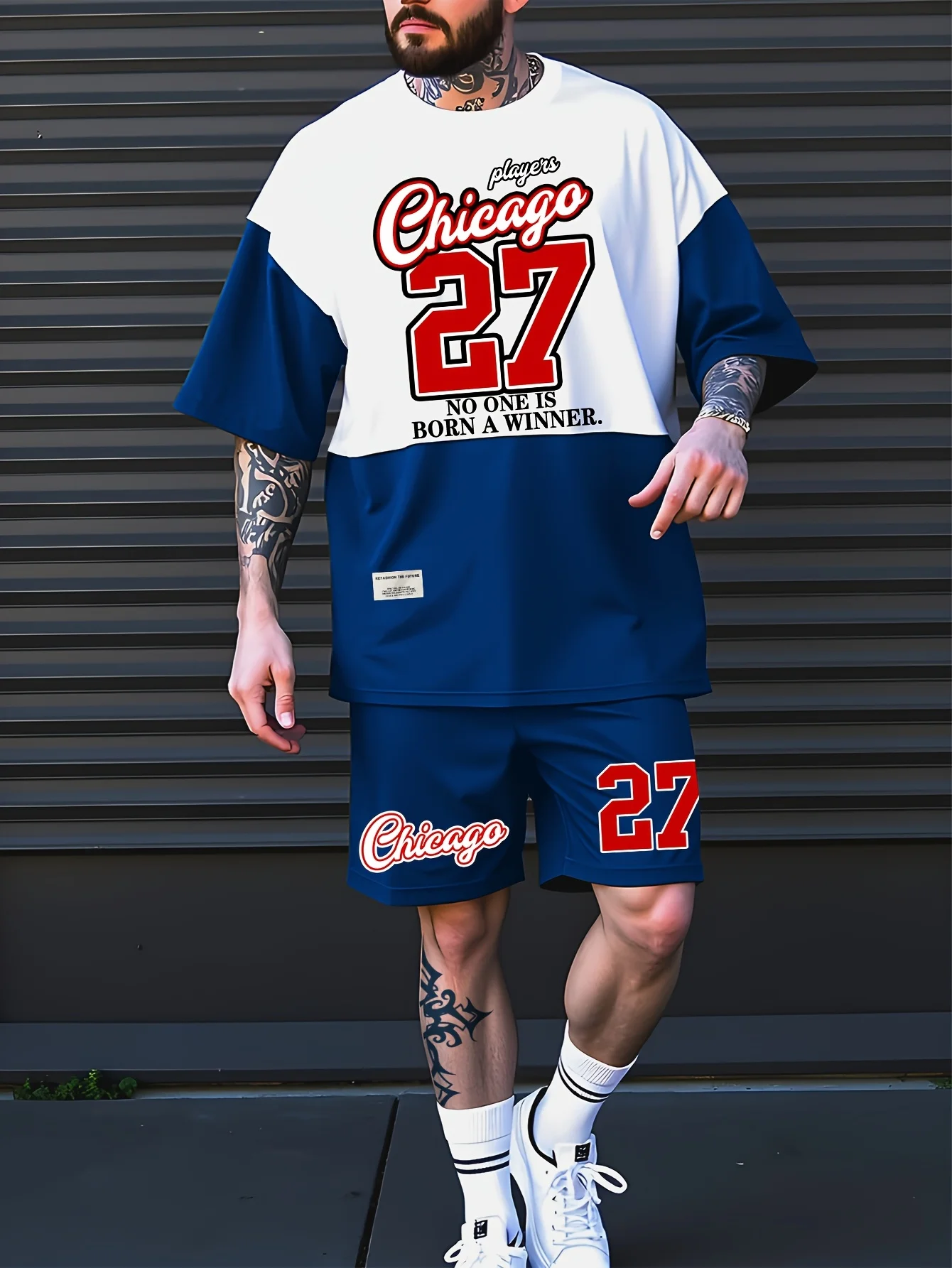 

2025 summer new casual sports men's suit crew neck short sleeve color block T-shirt and shorts printed tracksuit