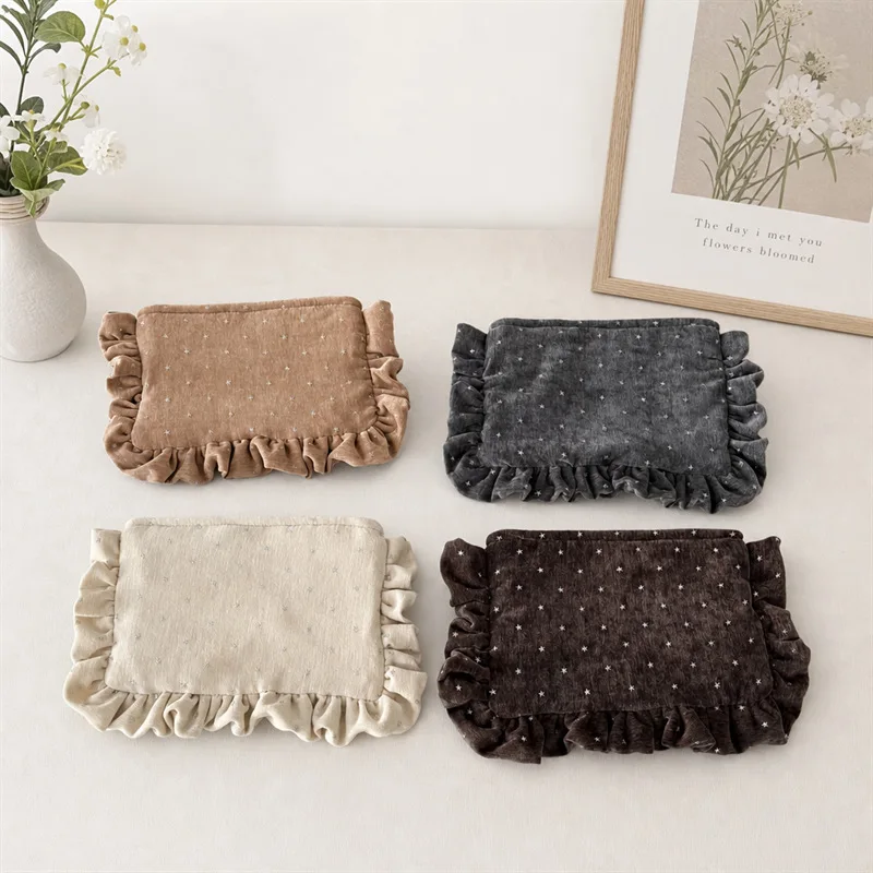 Velvet Silver Foil Star Makeup Bag Korean Ruffle Trim Cosmetic Pouch Aesthetic Women's Clutch Portable Inner Organizer Bag