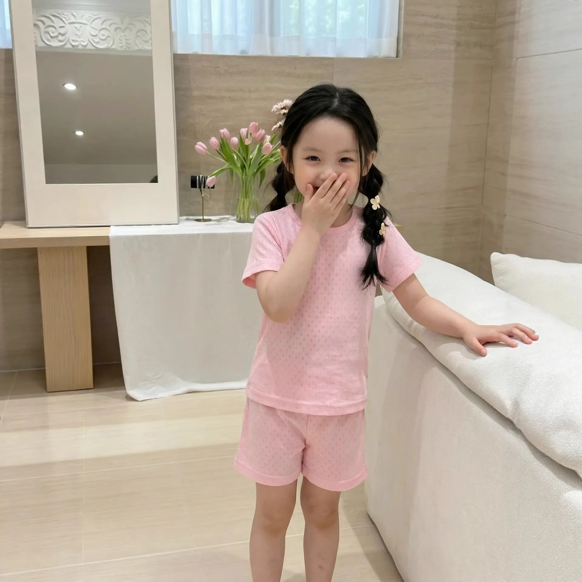 

2026 Summer New Children Short Sleeve Home Clothes Set Girls Cute Solid Thin Breathable Pajamas 2pcs Suit Cotton Kids Outfits