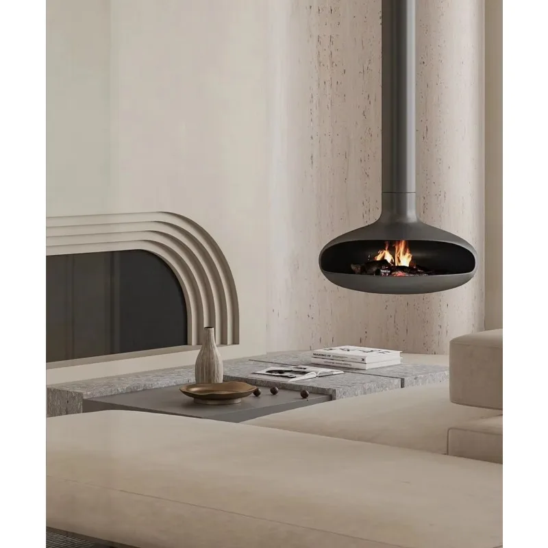 Modern Indoor Hotel Decorative Wood Charcoal Black Hanging Fireplace Ceiling Mounted Suspended Fireplace UFO Shape