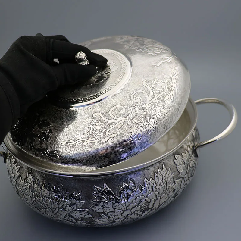 Sterling silver pot, soup pot, hot pot, hand-carved peony flower boutique high-end home