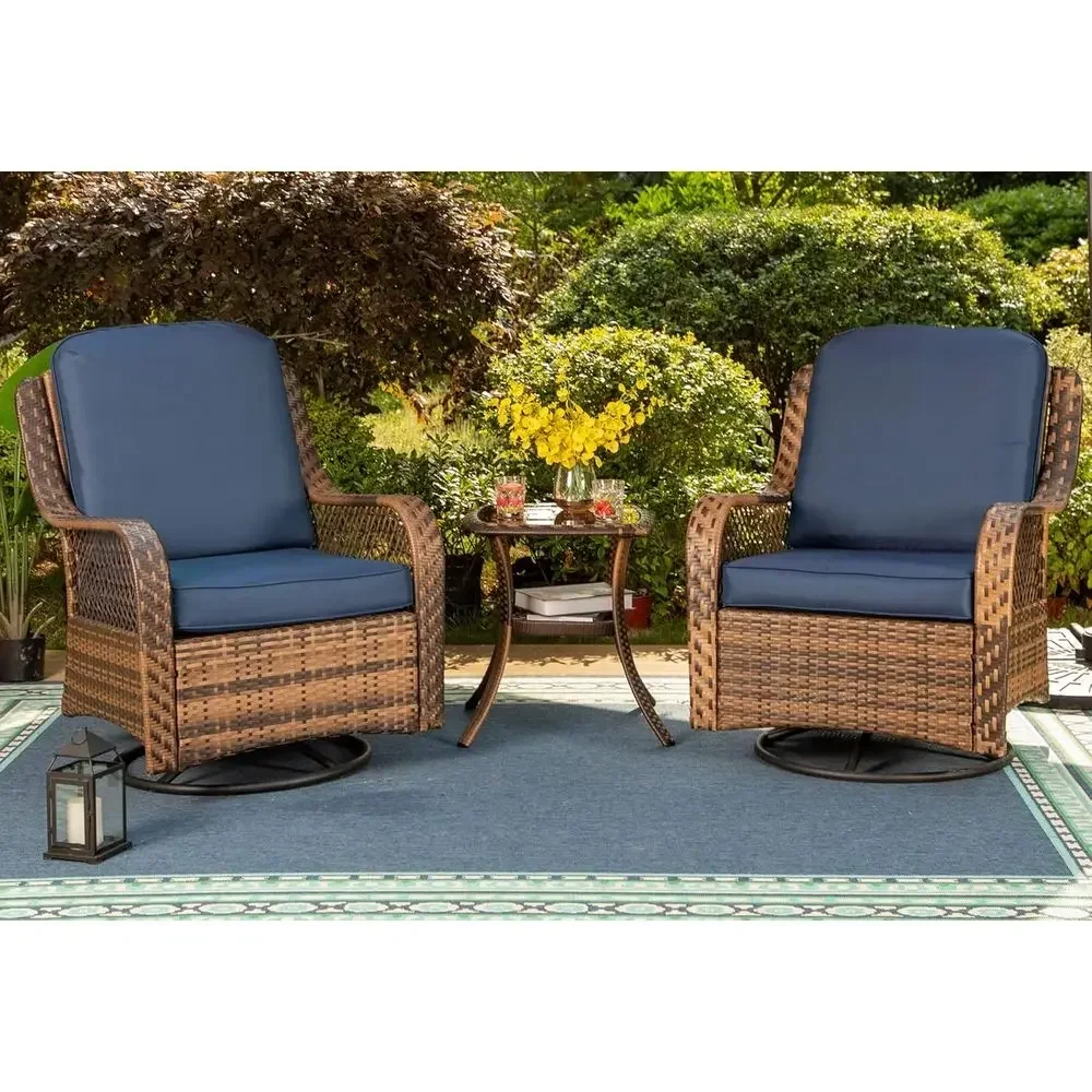 3-Piece Outdoor Wicker Swivel Rocking Chair Set with Navy Blue Cushions and Side Table