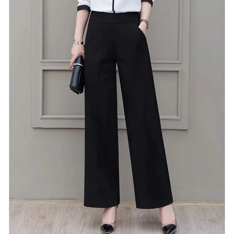 

New Spring and Autumn Fashion Commuting Simple Casual Loose High Waist Pocket Drop Feel Women's Solid Color Wide Leg Pants Z663