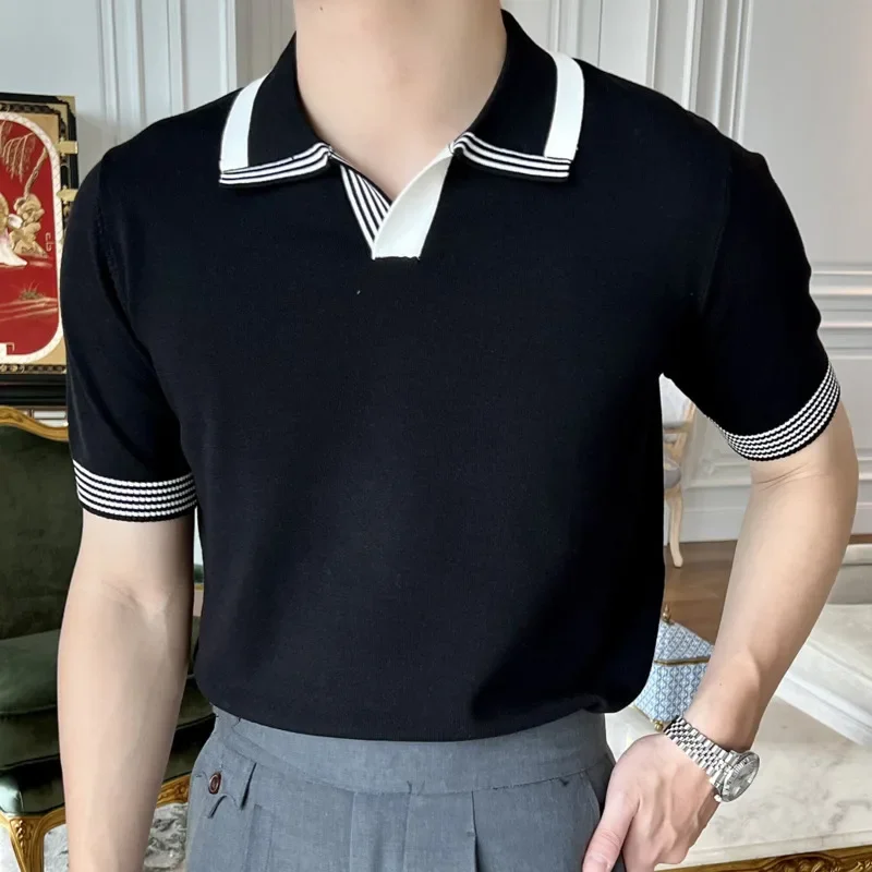 

New Trend Summer Men's Solid Color Simple Short-sleeved T-shirt British Slim Lapel Knitted Striped Casual V-neck Polo Shirt