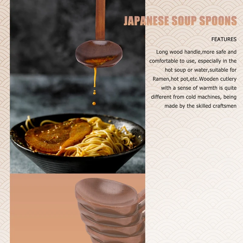 Cucharas de sopa japonesas, juego de utensilios de madera hechos a mano con ramen japonés de 8,5 pulgadas