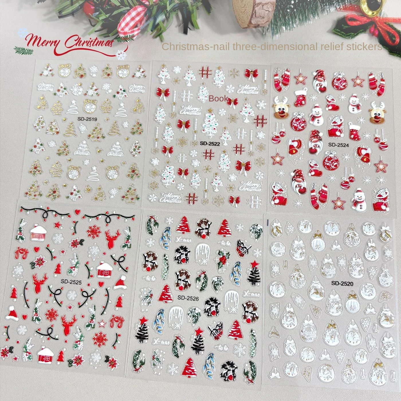 1pcs Christmas 5D Embossed Nail Art Stickers, with Cute Snowmen Reindeer & Christmas Elements Create Stereo Xmas Nail Decoration