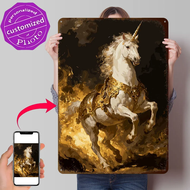 Majestic Unicorn in Golden Armor Amidst Flames Poster Retro 3D Printed Metal Signs Customized Wall Hanging Gift for Office Decor