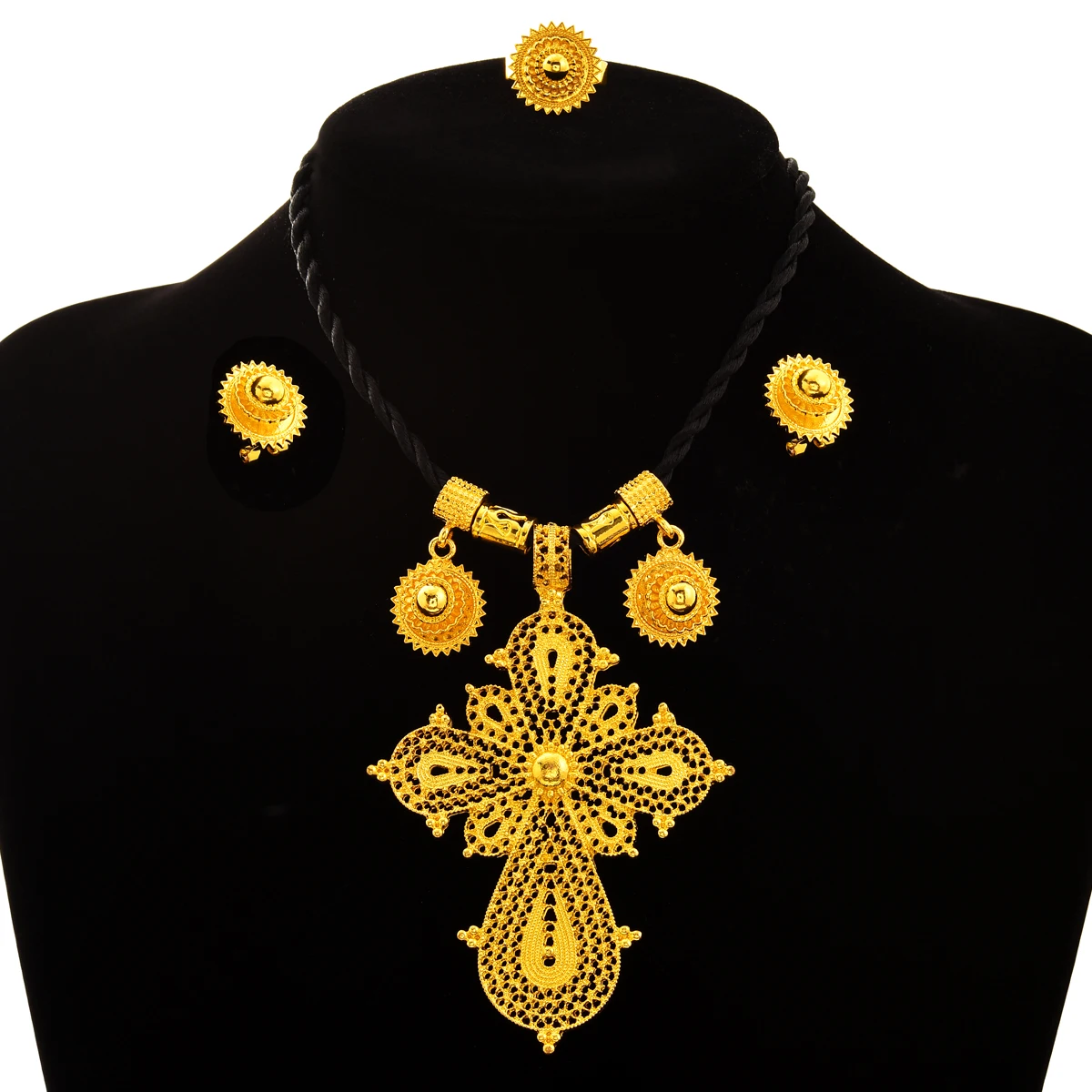 24K Gold Color Plated Cross Jewellery Set Dubai Ethiopian Necklace Pendans Earring RIng African Wedding Bride Birthday Gifts