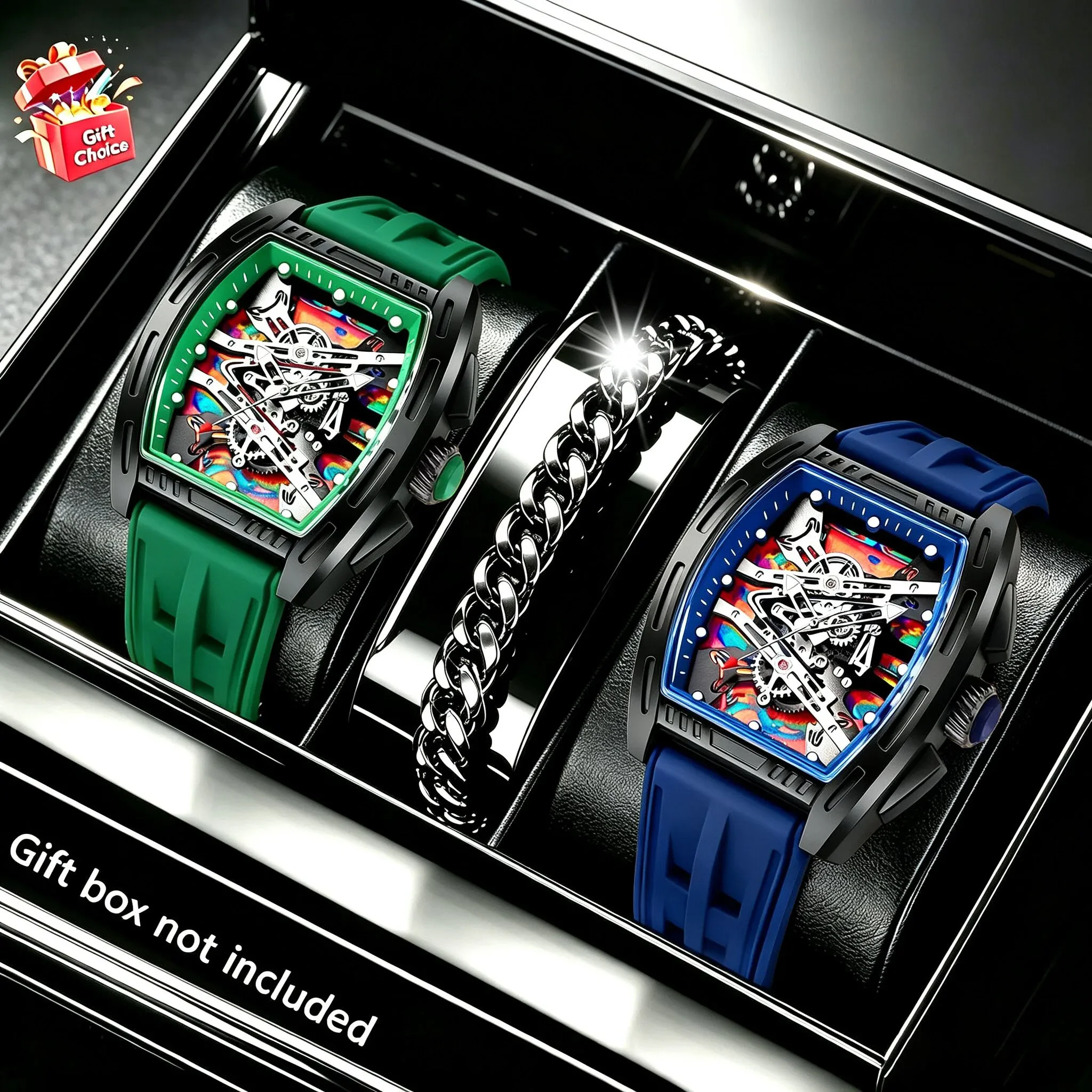 2Pcs Men Tonneau Skeleton Watch Set Colorful Hollow Dial Sport Quartz Wristwatch Stainless Steel Bracelet Male Watch No Gift Box