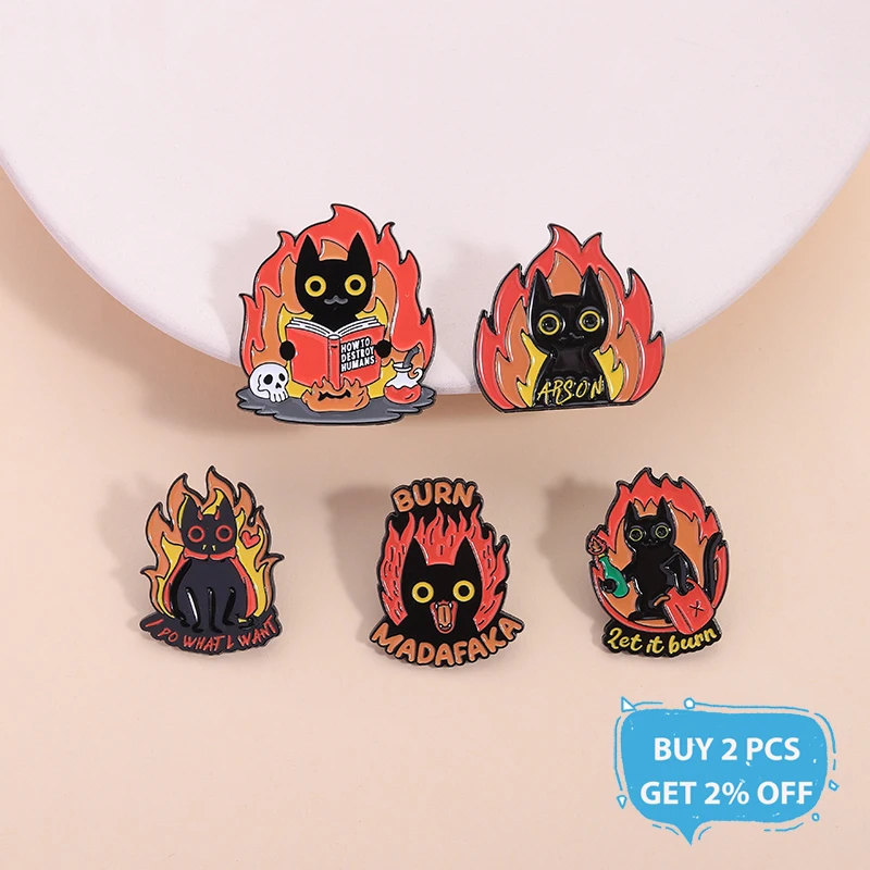 Let It Burn Arson Cat Enamel Pin Funny Cartoon Angry Cat How To Destroy Humans Metal Brooch Lapel Badge Jewelry Gift For Friends