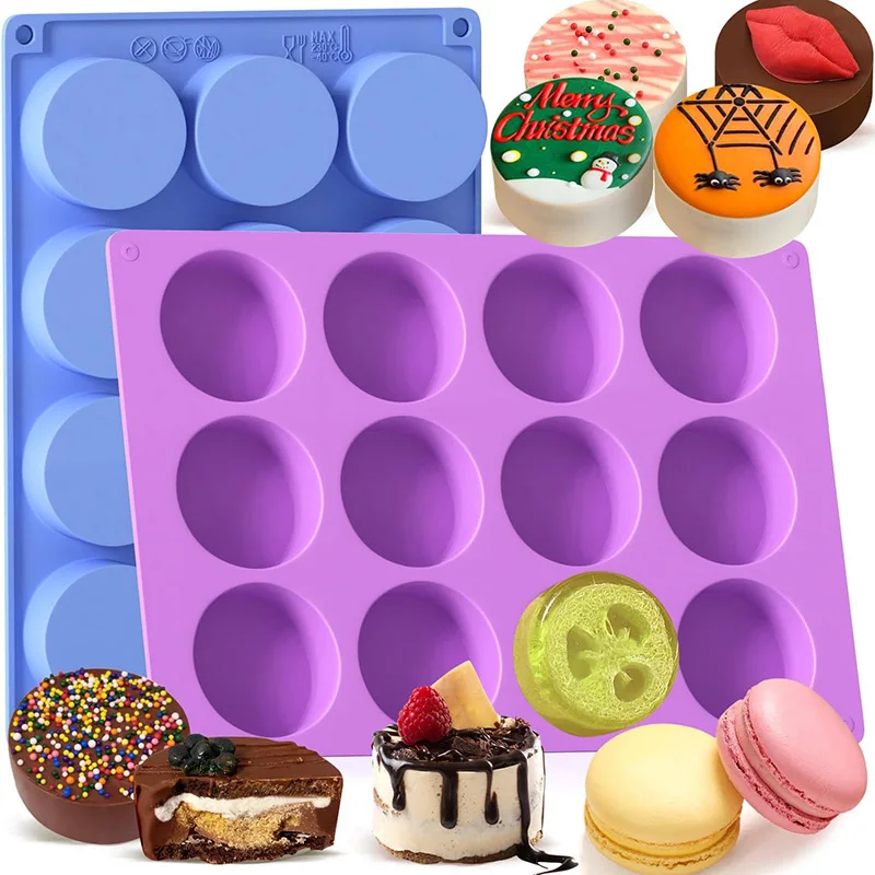 Moldes de galletas Oreo de silicona redondos antiadherentes de 12 cavidades para mini tartas de caramelo de chocolate y cubitos de gelatina