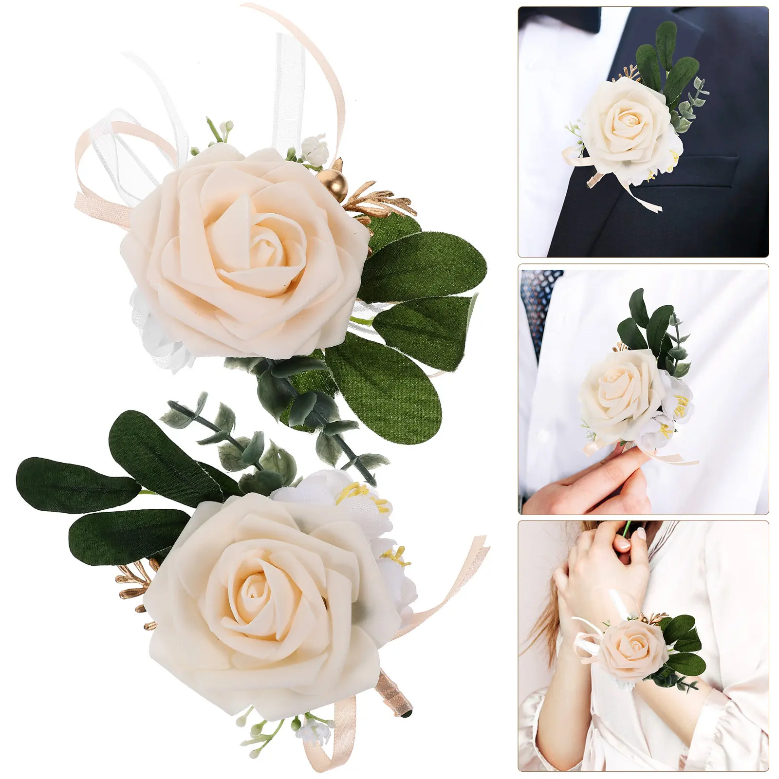

Набор: браслет-корсаж и бутоньерка из искусственных цветов для свадьбы, для невесты, жениха, подружек невесты, для официальных церемоний и украшения