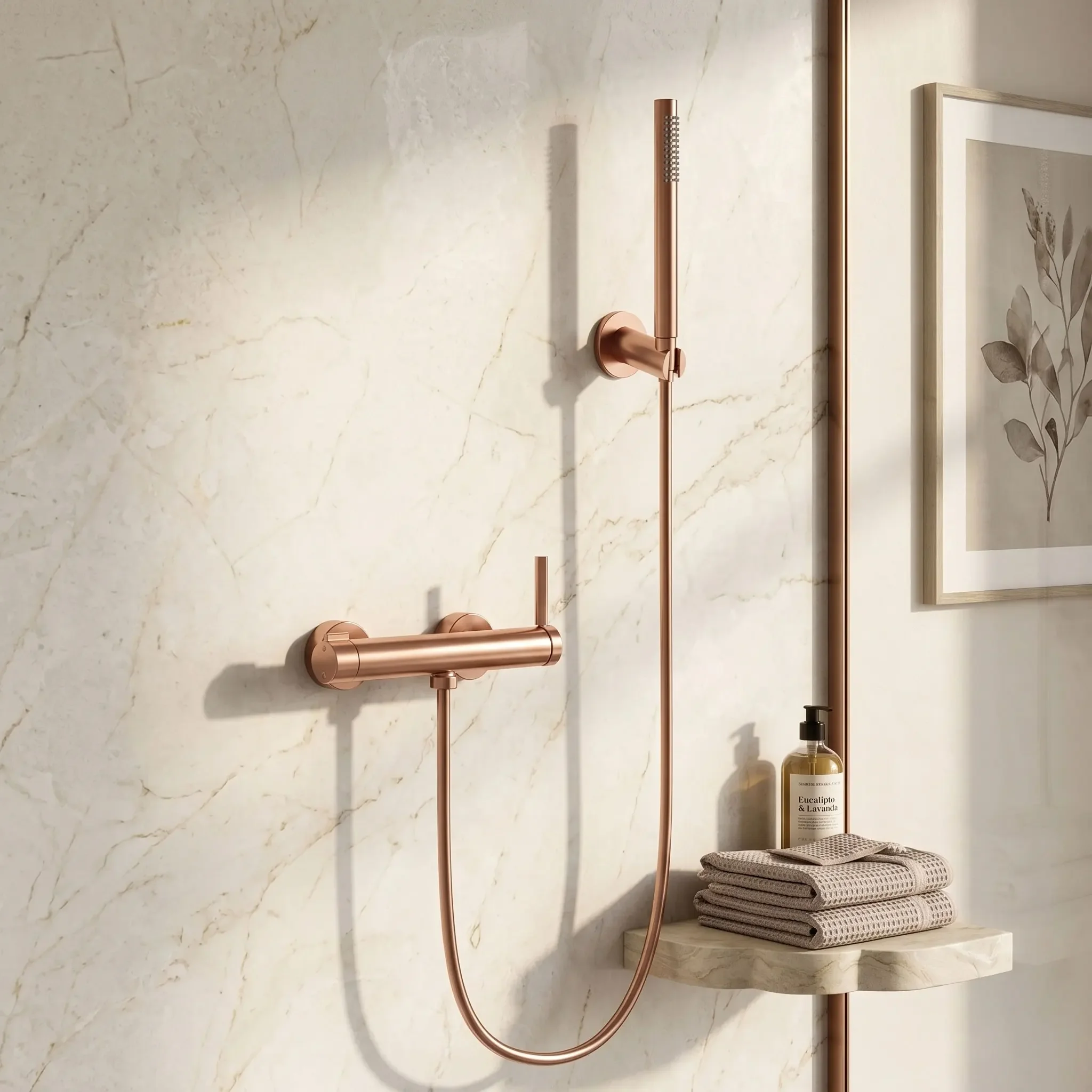 

Juego grifería para bañera con cascada y ducha mano, acabados en oro rosa cepillado, metal bronce, oro rosa cepil