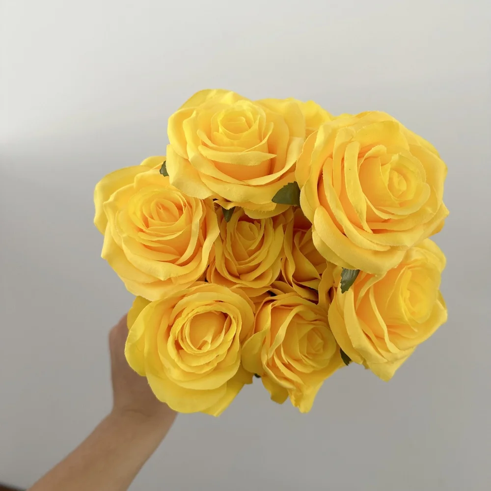 9 Köpfe Seidenrosen Blumenstrauß Künstliche Blume Orange Gelb Brautrose Gefälschte Rose Wohnzimmerdekoration Hochzeit Valentinstag – Detail 7