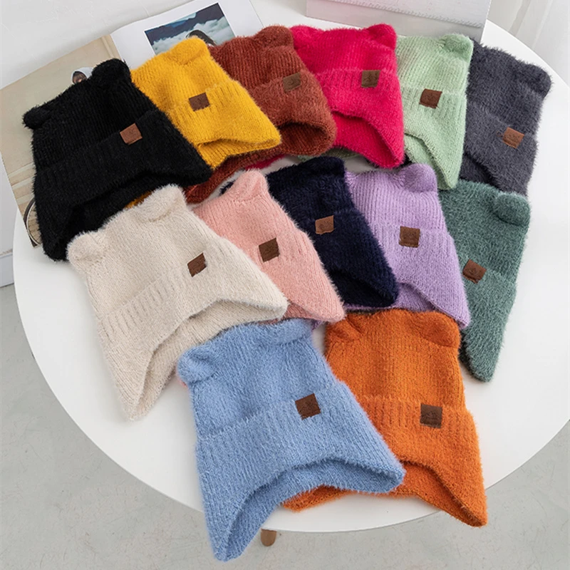 

New Women Candy Colors Earflap Beanie Fashion Faux Fur Knitted Hat Cute With Cat Ear Soft Beanie Hats Female Streetwear Cap