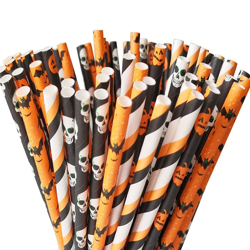 25pcs Halloween Drinking Paper Straws Pumpkin Bat Spider Web Skeleton Witch Pattern Straws Halloween Party Supplies Decoration