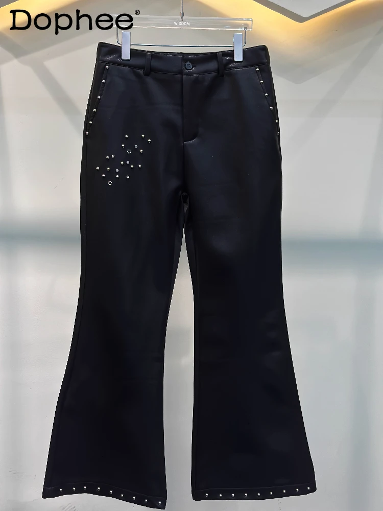 

2025 Spring Autumn New Black Straight Micro Flared Pants Men's High Street Beads Diamond Design Korean Version Casual Long Pants