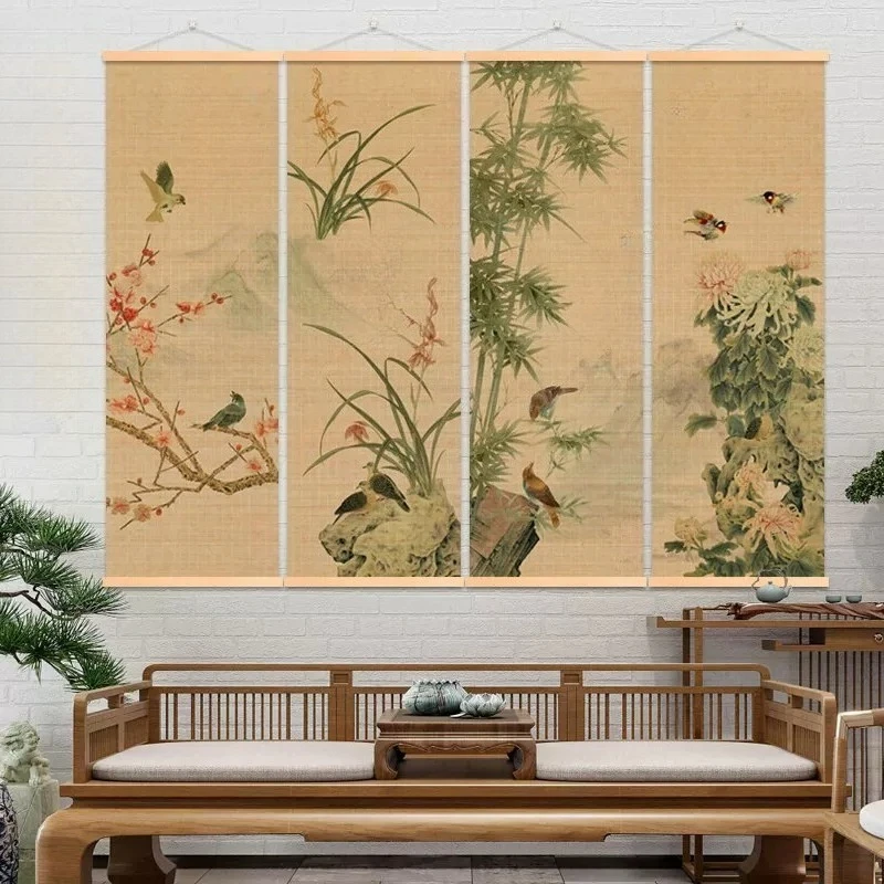 Home Decor Bamboo Silk Scroll Wall Art Plum Blossom Orchid Chrysanthemum for Living Room Bookstore Reading Corner Slow Living