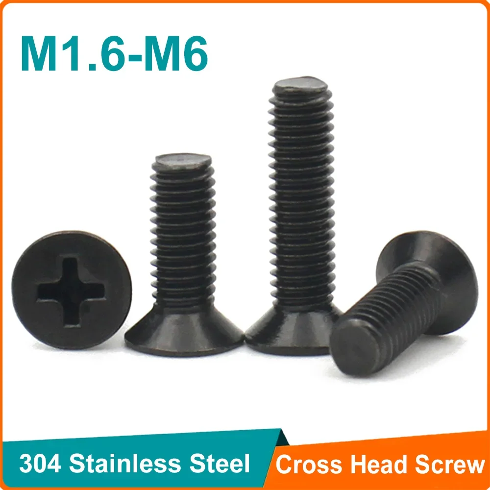 

10-50pcs Black 304 Stainless steel Mini Small M1.6 M2 M2.5 M3 M3.5 M4 M5 M6 Cross Phillips Flat Countersunk Head Screw Bolt