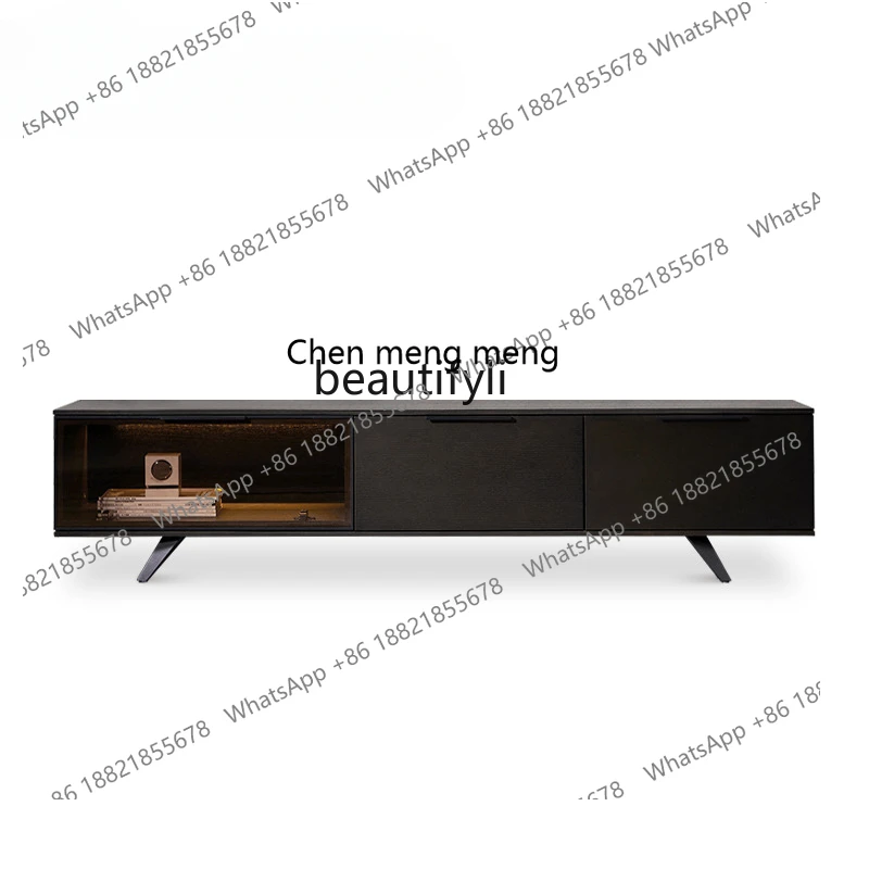 

X Italian TV Cabinet with Light Small Apartment Solid Wood Low Cabinet Black Floor Cabinet Living Room Furniture