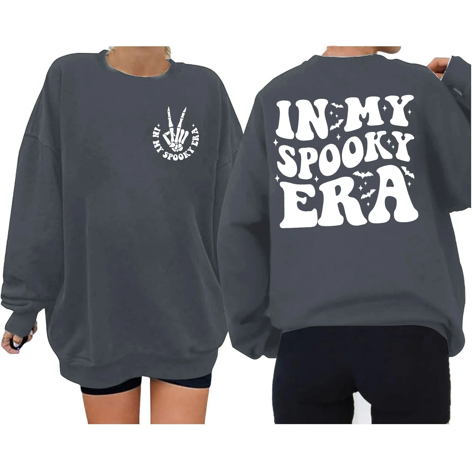 

Letter Print Halloween Theme Sweatshirt Long Sleeve Round Neck Loose Fit Pullover Women Casual Holiday Plus Size Hoodies