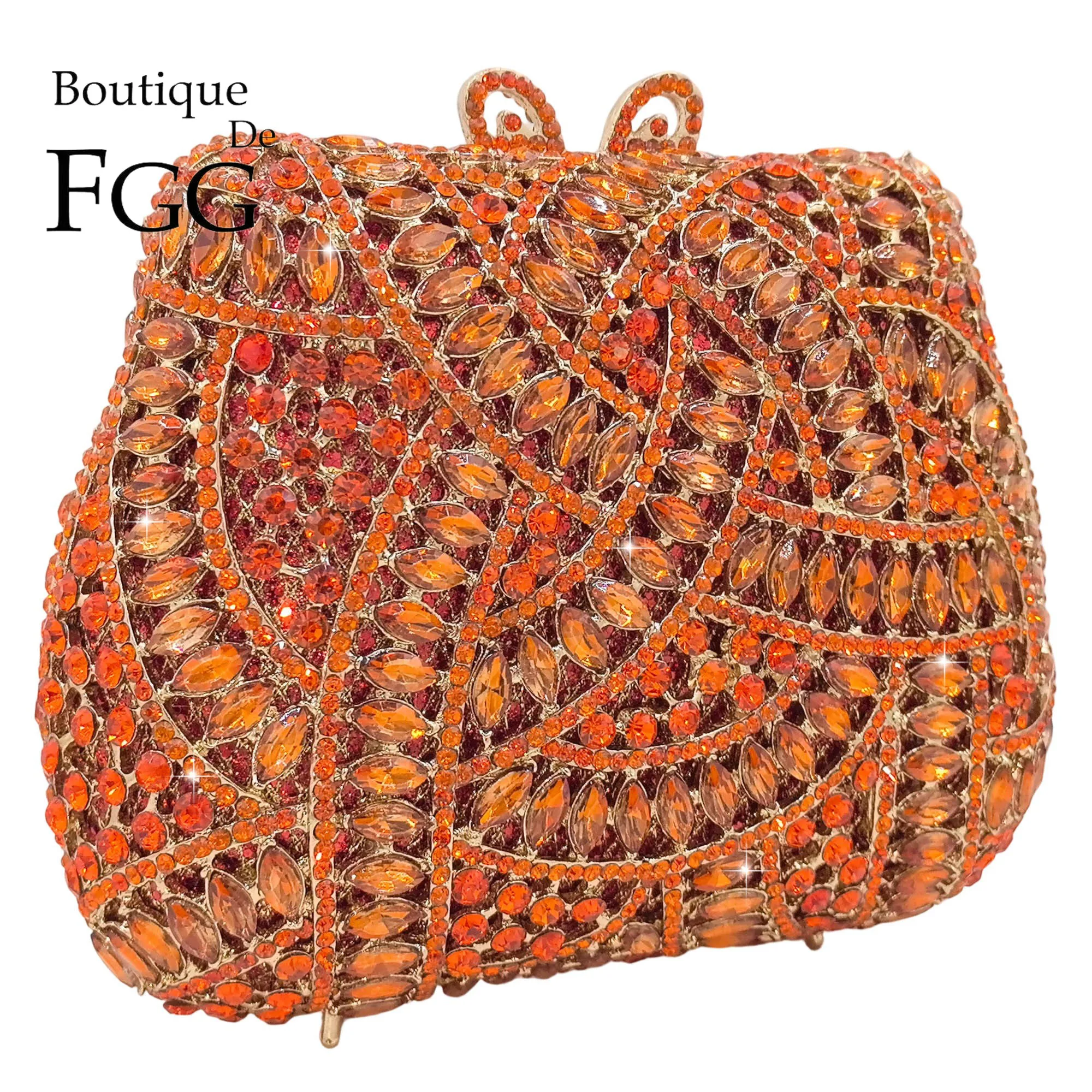 

Boutique De FGG Orange Striped Evening Handbags for Women Formal,Crystal Clutch Purse for Wedding Party,Prom Rhinestone Clutch