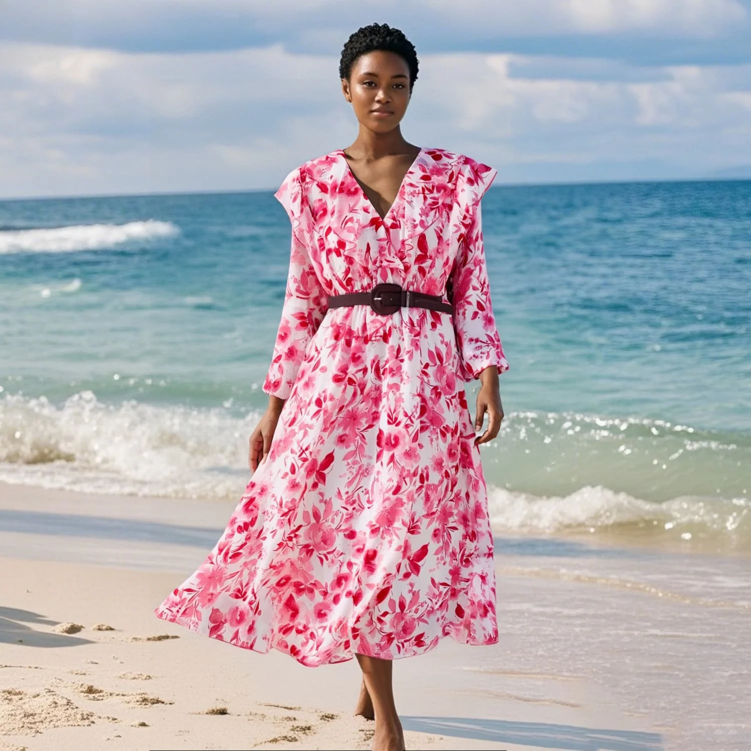 

2025 Myst&Za women's summer new long sleeved dress with V-neck and waist belt, sweet temperament printed MIDI long skirt