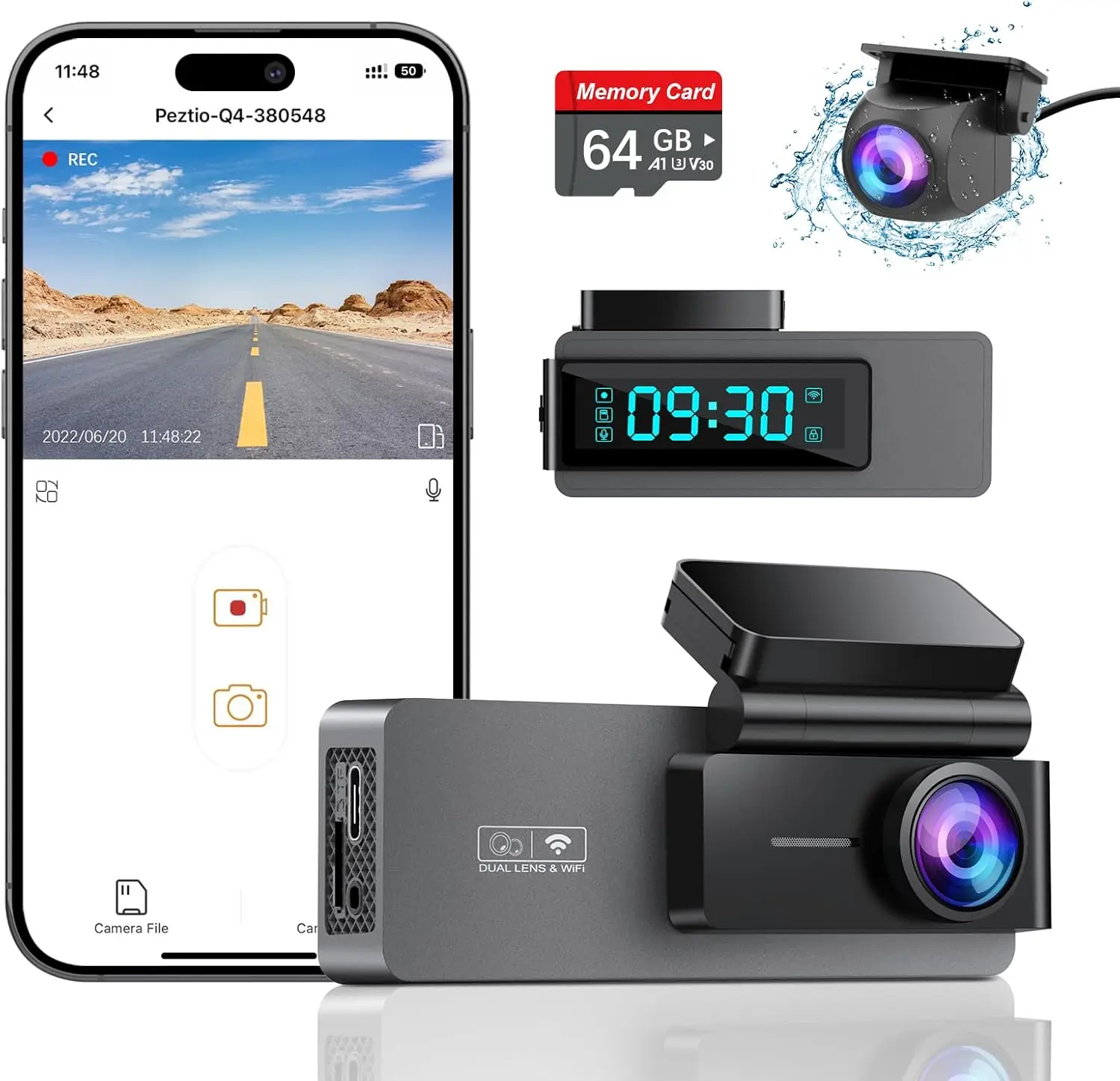 

Dash Cam Front and Rear 4K+1080P with Built-in WiFi, Night Vision, Parking Monitor, Loop Recording, Free 64GB Card for Enhanced