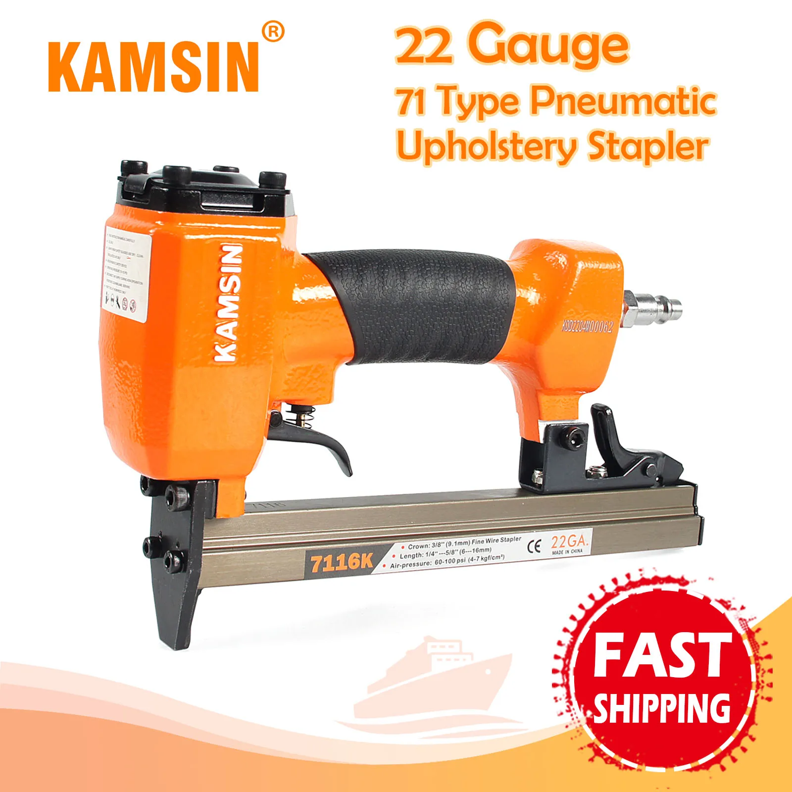 KAMSIN DIY Furniture Construction Stapler 7116K 22Gauge Pneumatic Upholstery Stapler Gun