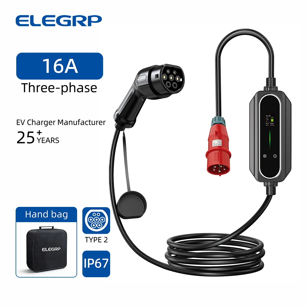 

ELEGRP Quality 16A Portable EV Charger, Waterproof Mobile Wallbox, Type 2 Charging Cable With Adjustable Charging Power
