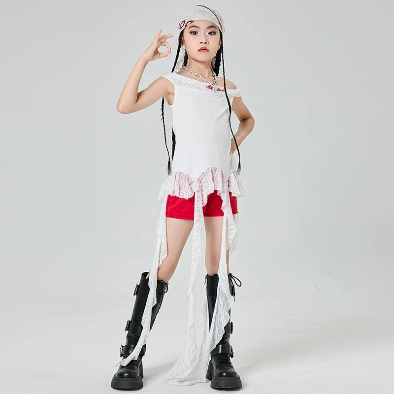 2025 الأطفال أزياء رقص الجاز الحديثة للفتيات كتف واحد الشريط الأعلى السراويل الحمراء وتتسابق الهيب هوب ملابس الرقص DQS19786