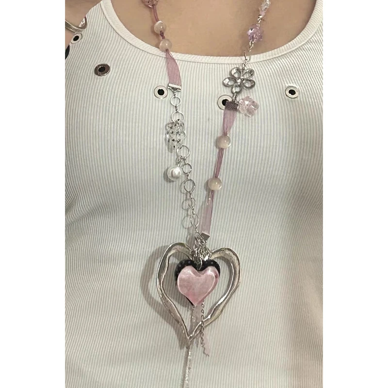 Y2K Jewelry Pink Heart Polka Dot Flower Pendant Necklace for Women Vintage Kawaii Accessories Chain Punk Korean Fashion Necklace