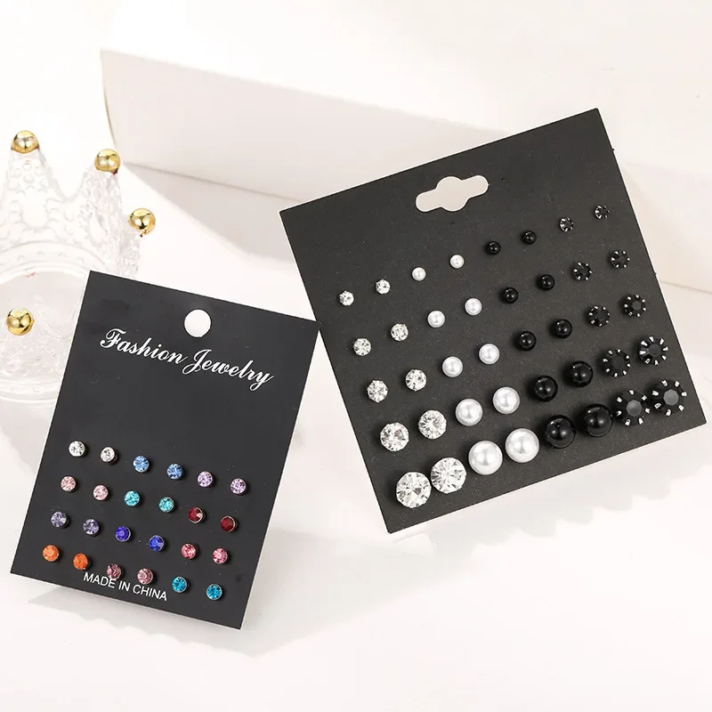 Charmsmic 20 Pairs/Set Small Rhinestone Stud Earrings For Women Girls Imtation Pearl Ear Jewelry Decoration New Year Gift