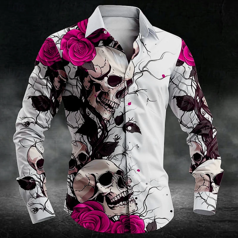 2024 Flower Skull Men's Shirt Multiple Comfortable 3D Collar Skull High Quality Long Sleeve Shirt Plus Size 6XL