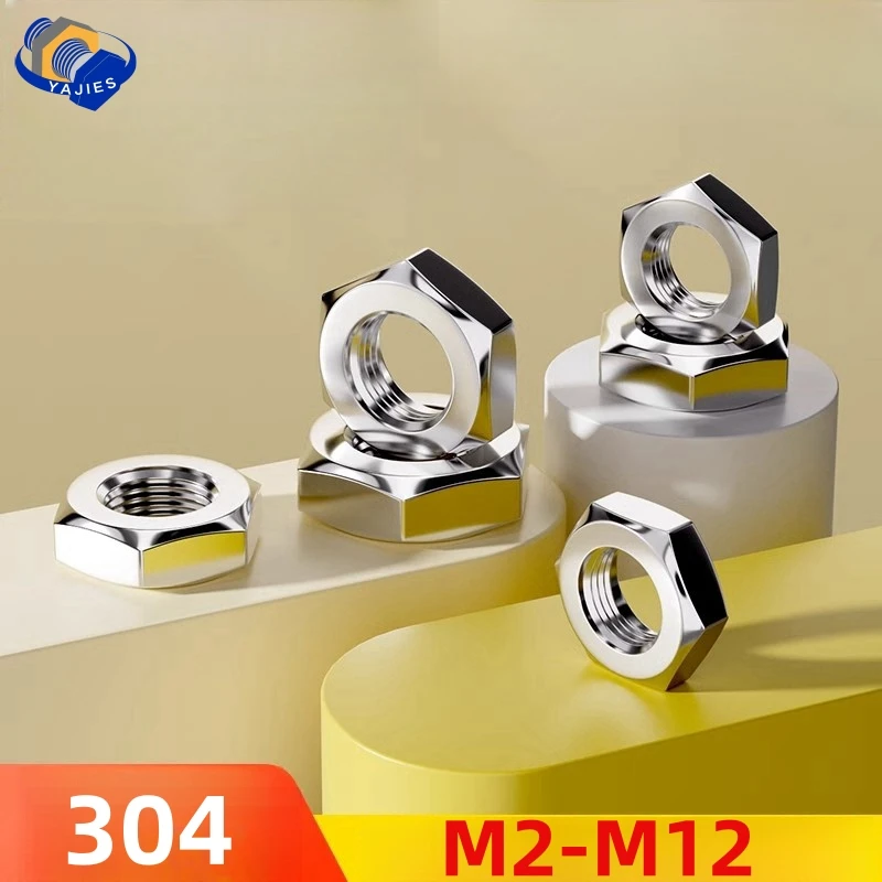 304 SS M2 M2.5 M3 M4 M5 M6 M8 M10 M12 DIN439 GB6172 18-8 Stainless Steel Flat Hex Hexagon Wafer Low Thin Jam Nut 5/50Pcs