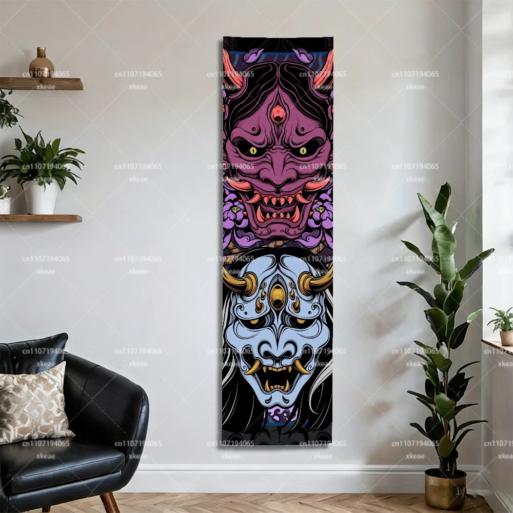 Japanese Oni Hannya Mask Tapestry, Vertical Samurai Demon Wall Hanging, Anime Art Decor