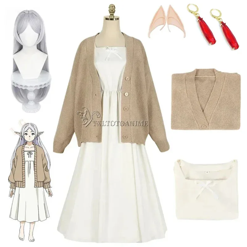

Anime Friar Beyond Journey's End Friar Cosplay Costume Wig Sweater Coat Dress Elf Ears Earrings Halloween Party Women Props