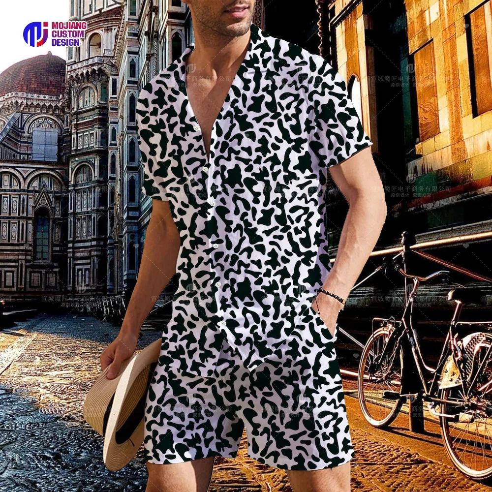 2023 Summer Men\'s Leopard Print Colorful 3D Lapel Shirt Button Short Sleeve + Shorts Set Men\'s Sports Hip Hop Set 2 Pieces