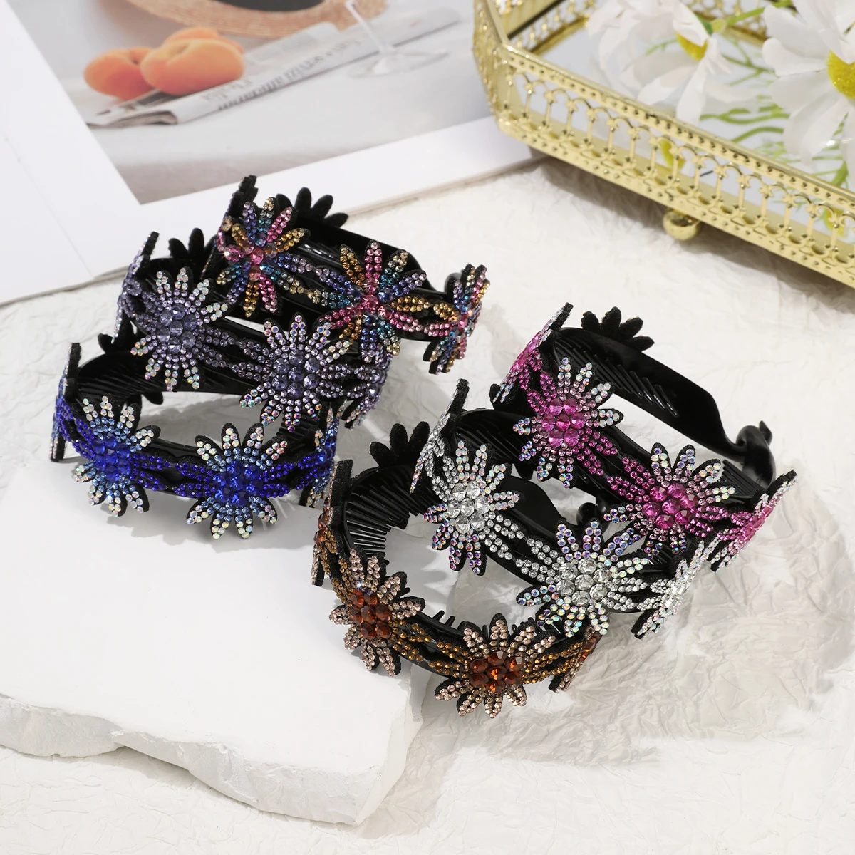 AWAYTR 패션 크리스탈 플라워 헤어핀 번 헤어 클립 포니테일 버클 헤어 클립 확장형 헤어 액세서리 여성용 바레트