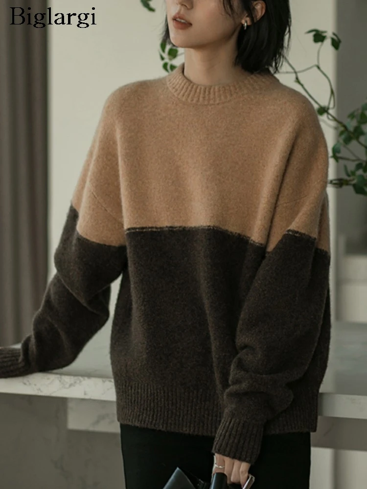 

Oversized Knitted Autumn Pullover Sweater Women Print Patchwork Fashion Casual Ladies Sweaters Loose Woman Sweater Tops
