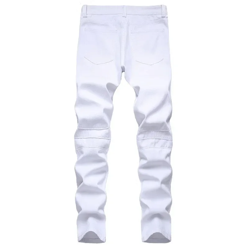 Jeans Putih Pria Gaya Eropa Celana Pria Sepeda Motor Empat Musim Jeans Lurus Desain Berlipat Fashion Remaja Y2k Pakaian Jalanan Pria