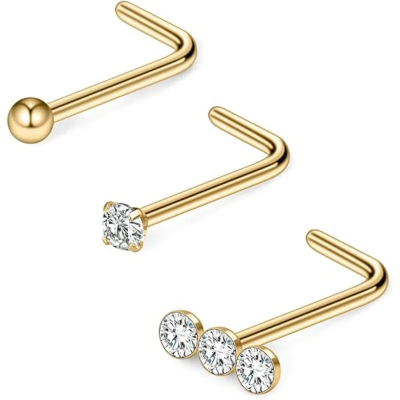 3PCS 20G Surgical Steel Triple Linear Gem Ball Round Diamond CZ Nose Stud Rings L Shaped Piercing Jewelry Diamond Nose Ring