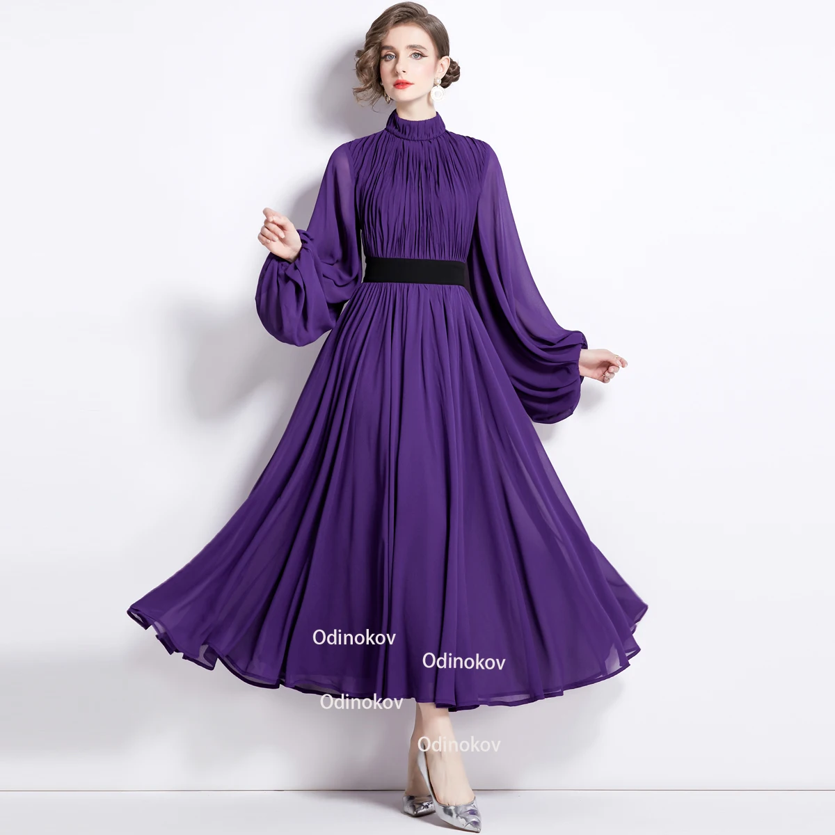 2024 Early Spring Runway New Chiffon Skirt Waist Slimming Purple Swing Long Dresses for Women