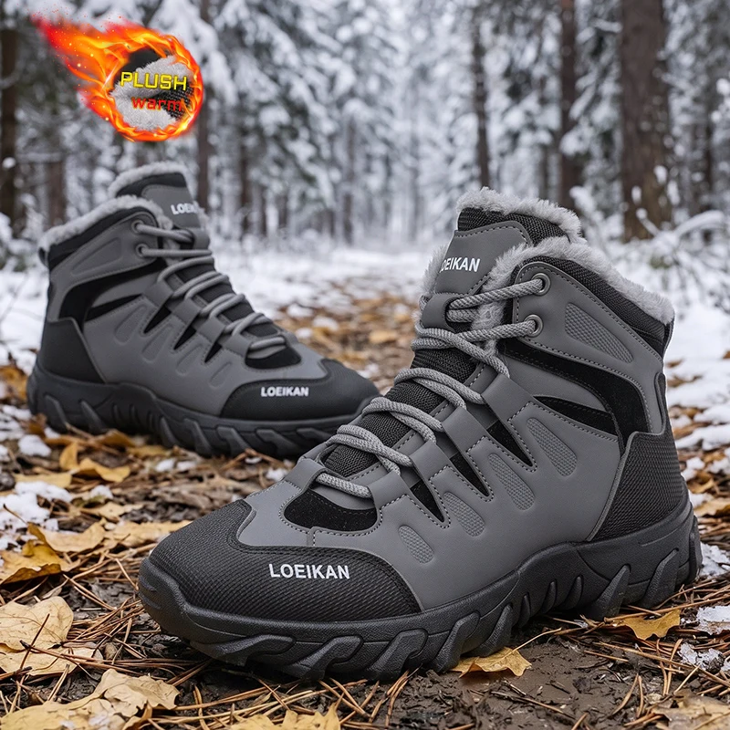 Men High‑top Winter Shoes Plush Fleece Lined Lace‑up Rugged Anti‑slip Thick Sole For Cold Weather Daily Walking